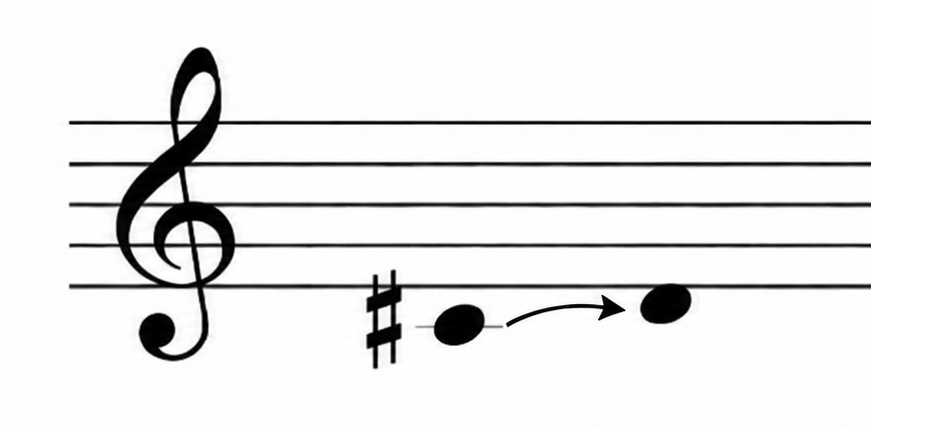 Musical notation illustrating Mahler's Fifth Symphony moving from C-sharp minor to D major